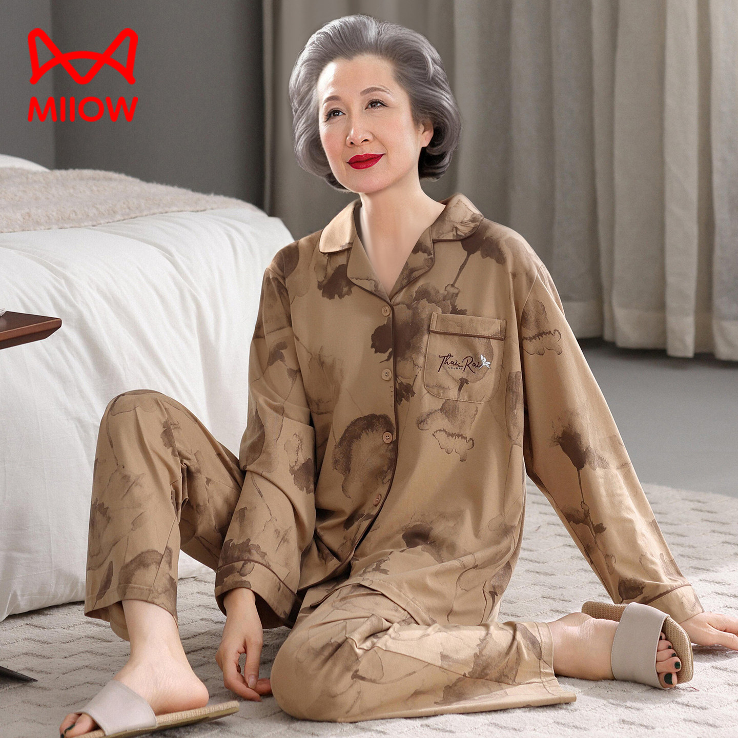 猫人春秋款妈妈长袖纯棉睡衣中年女全棉开衫中老年人奶奶大码套装