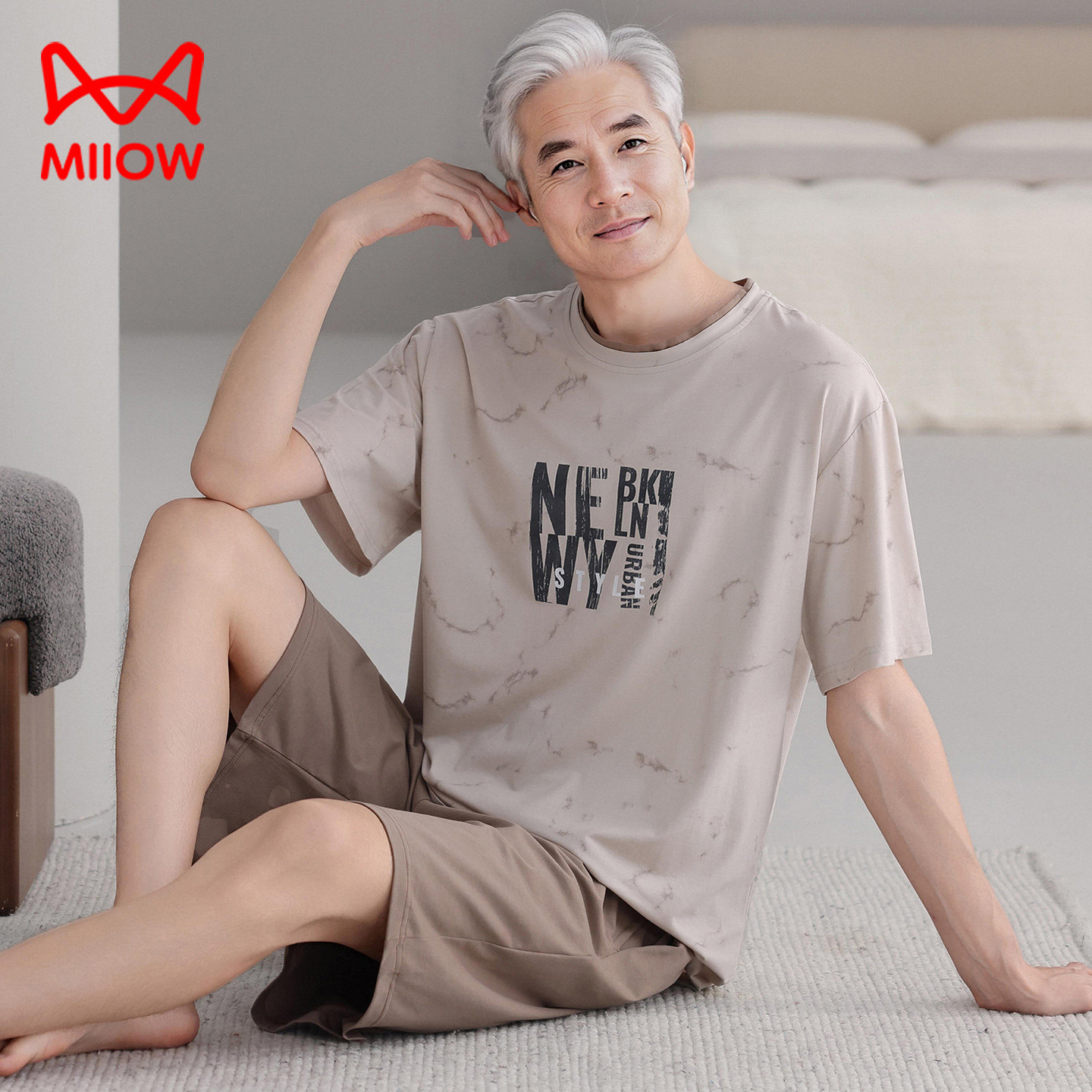 猫人男士夏睡衣莫代尔棉短袖短裤薄款中老年爸爸运动可外穿家居服