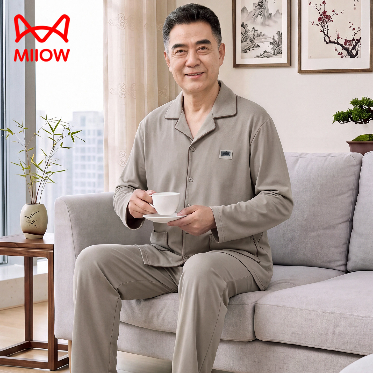 猫人中老年人爸爸莫代尔睡衣春秋长袖薄款男家居服可外穿棉绸套装