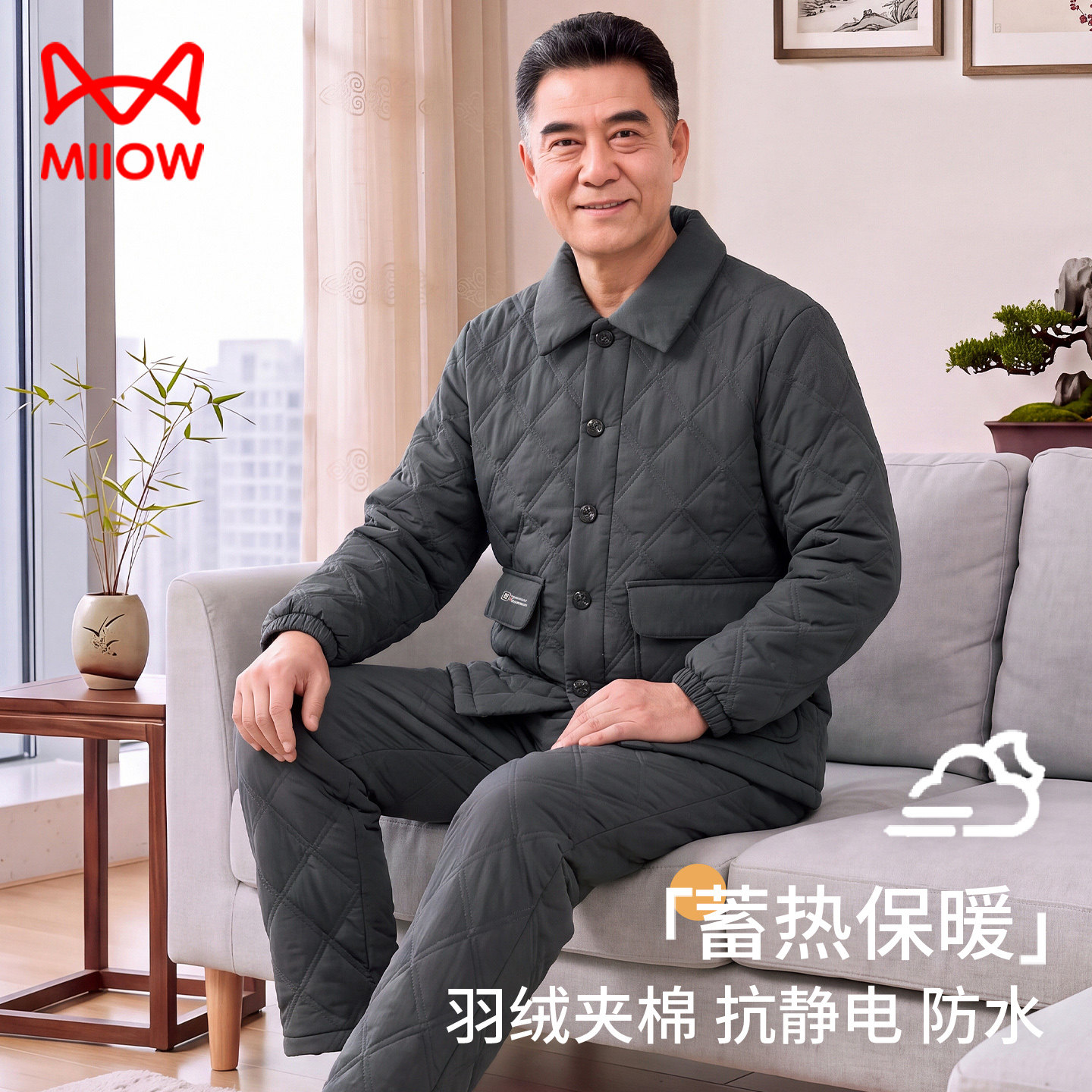 猫人中年爸爸男羽绒夹棉睡衣加绒加厚大码珊瑚绒冬老人爷爷家居服