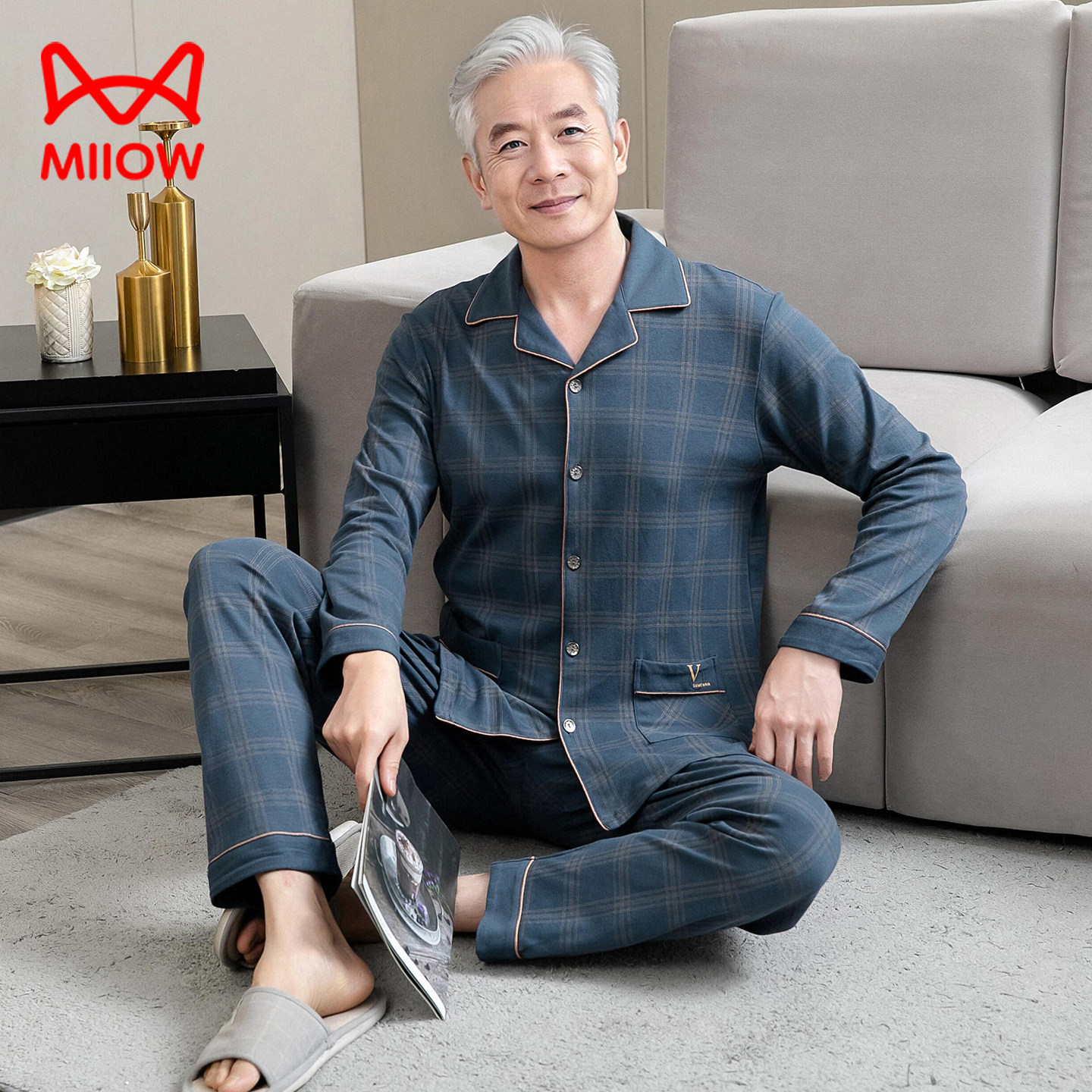 猫人中年男士睡衣2025新款春秋款纯棉格子父亲中老年人爸爸家居服