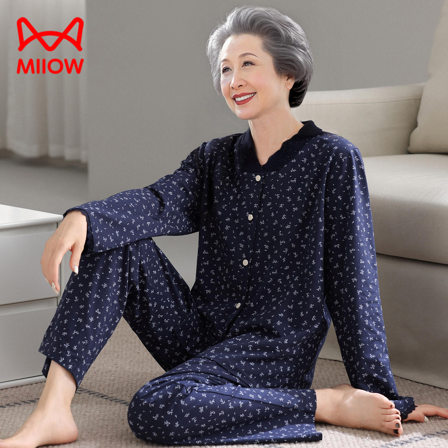 猫人睡衣女款长袖纯棉全棉春秋季中老年人奶奶婆婆妈妈家居服套装