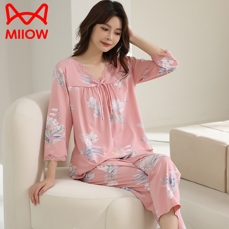 猫人睡衣纯棉女款春秋季V领套头七分长袖休闲外穿春夏家居服套装