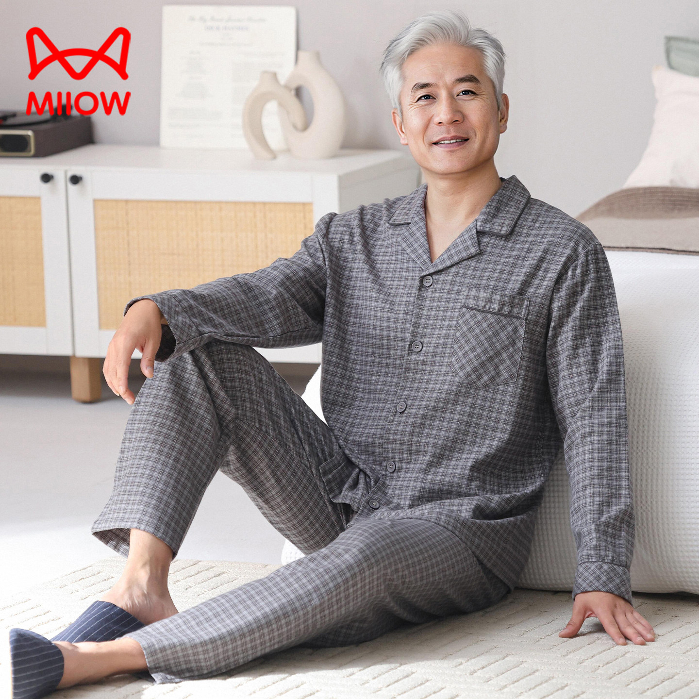 猫人爸爸睡衣梭织纯棉长袖春秋季中老年人爷爷中年男士家居服全棉