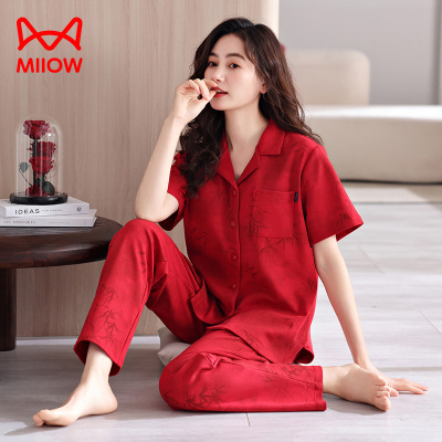 猫人2026新款红色睡衣女纯棉短袖