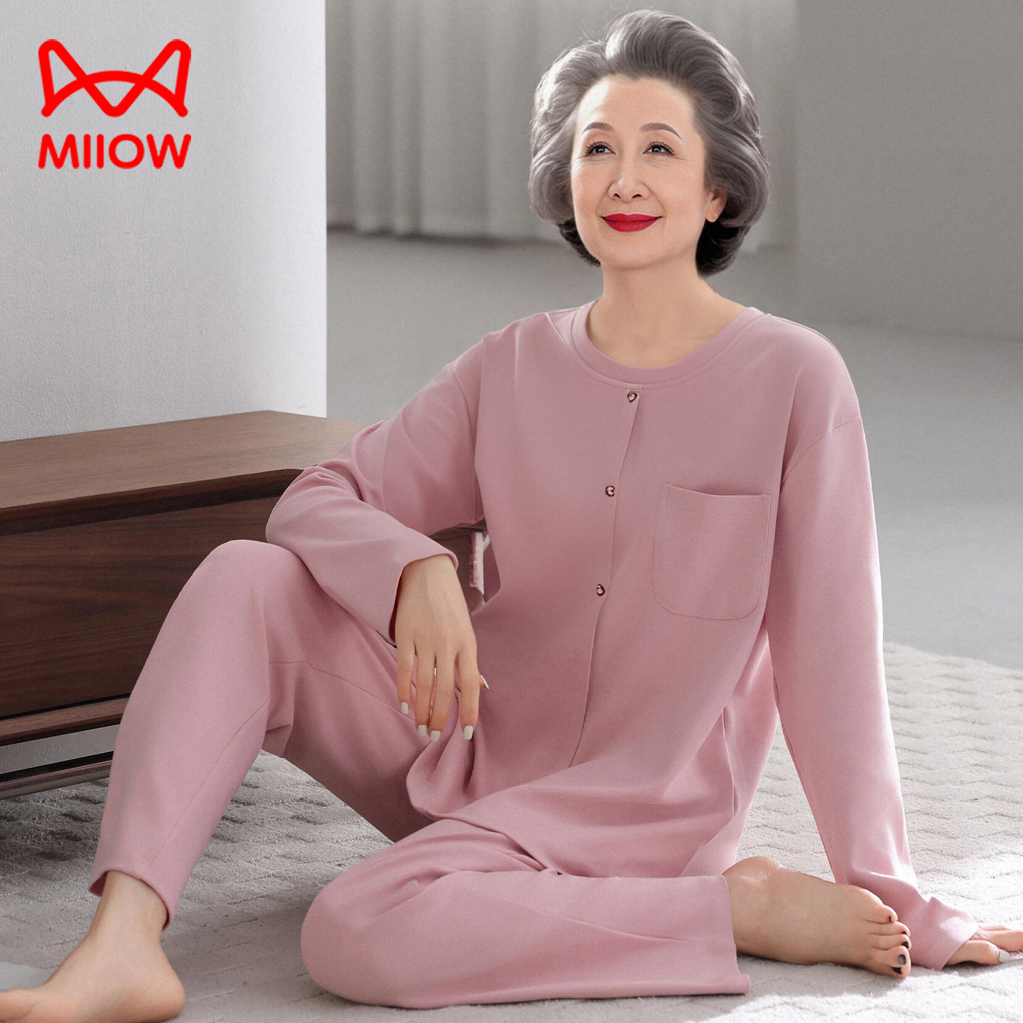 猫人妈妈睡衣女纯棉长袖圆领套头春秋全棉婆婆中老年人家居服大码