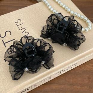 2025新款波点网纱蝴蝶结刘海夹7cm小抓夹黑色发夹复古优雅头饰