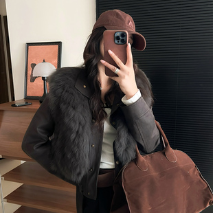 鹅绒服一衣三穿 机车短款 两件套车条狐狸毛皮草外套女冬季 2025新款