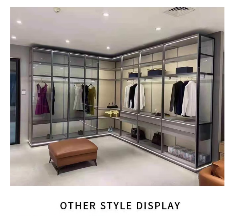 定制轻奢钢化玻璃不锈钢衣柜现代简约l型转角组合开放衣帽间衣橱