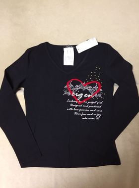 法 mogan外贸黑色全棉v领字母爱心印花长袖修身收腰弹力T恤