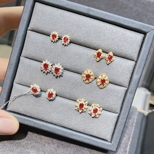 天然鸽血红红宝石耳钉圆3 925银精工镶嵌天然彩宝珠宝首饰