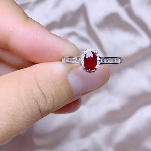 925银天然鸽血红红宝石戒指4乘6 天然彩宝首饰