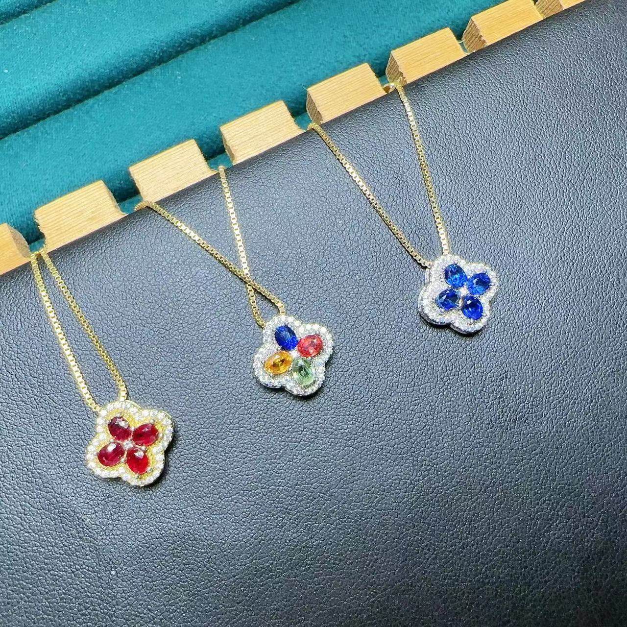 天然红宝石蓝宝石四叶草吊坠3乘4 925银精工镶嵌天然彩宝首饰