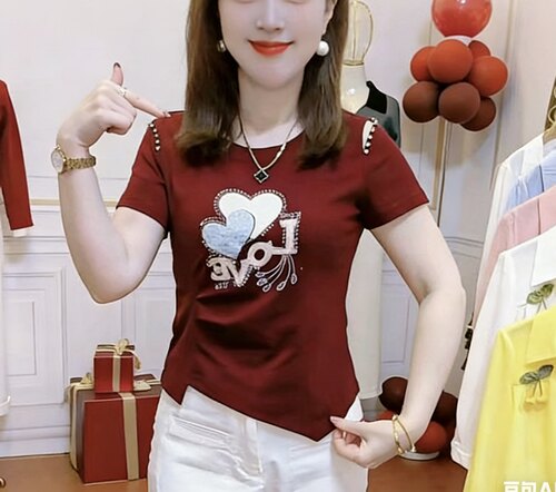 2026夏季新款简约圆领爱心烫钻针织衫短袖T恤女洋气显瘦上衣潮