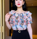百搭减龄洋气上衣女 小个子双层荷叶边一字肩碎花时尚 2025夏季 新款