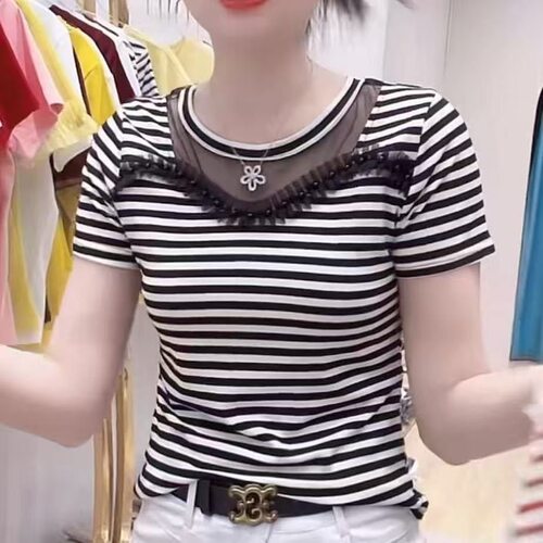 2026夏季新款短袖T恤女圆领条纹钉珠时尚百搭洋气修身显瘦T恤上衣