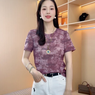 T恤时尚 2025夏季 短袖 新款 洋气减龄圆领弹力纱百搭显瘦上衣 妈妈装