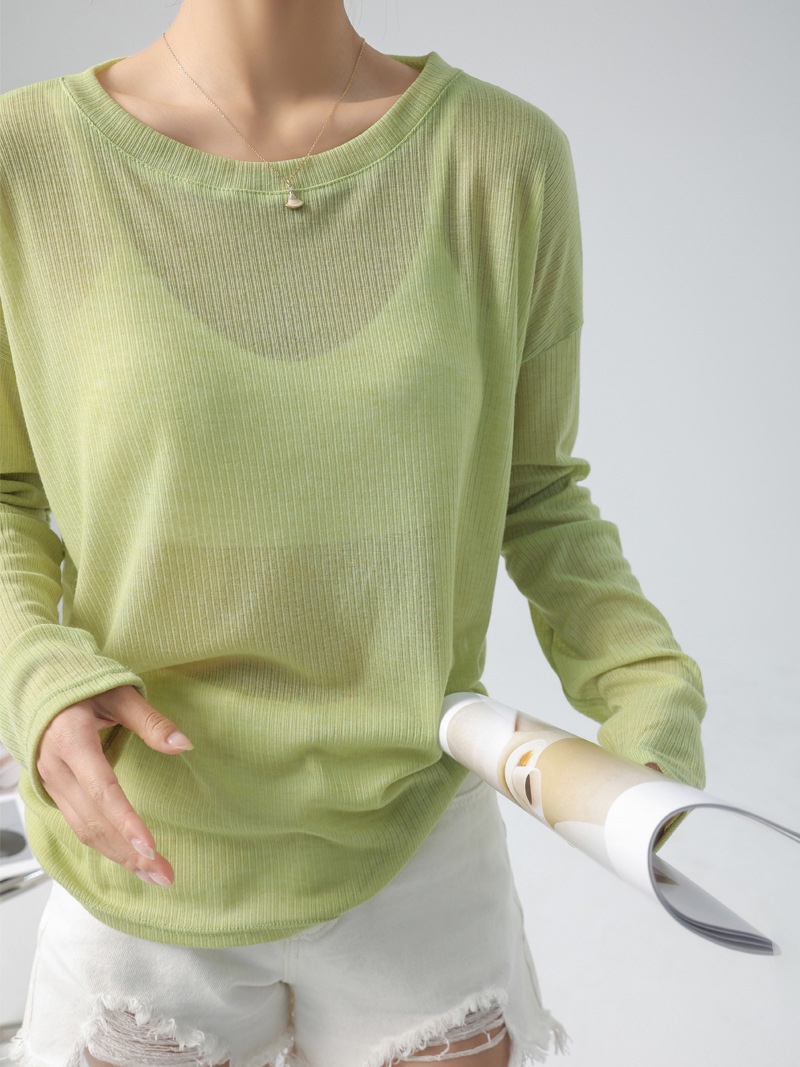 韩版ins百搭长袖白色t恤女宽松透视薄款春季冰丝套衫防晒罩衫上衣