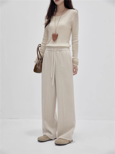 羊毛阔腿裤人字纹加绒女秋冬2026新款毛呢中线裤子直筒窄版香蕉裤