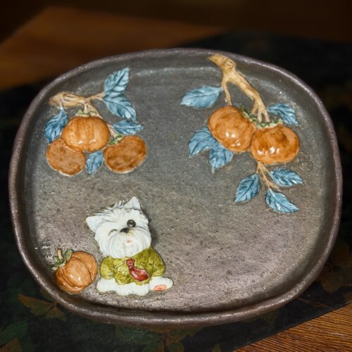 柿柿如意.西高地小狗壶承盘子 陶瓷板画摆件 大周老师 柴烧壶承