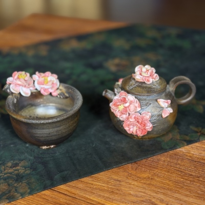 桃花朵朵开茶壶杯组59号   柴烧宝瓶壶 周华彬老师