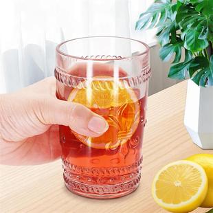 经典复古藕粉色浮雕杯玻璃杯办公家用玻璃杯浮雕杯饮料杯果汁杯