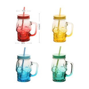 骷髅头梅森玻璃把杯燕麦果汁杯冷饮杯带孔盖杯吸管杯水杯牛奶杯子