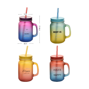 磨砂渐变梅森玻璃杯果汁杯冷饮杯带孔盖杯吸管杯水杯牛奶杯把子杯