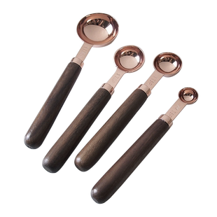 不锈钢玫瑰金量勺4件套原木手柄量匙套装不锈钢刻度量勺烘焙工具