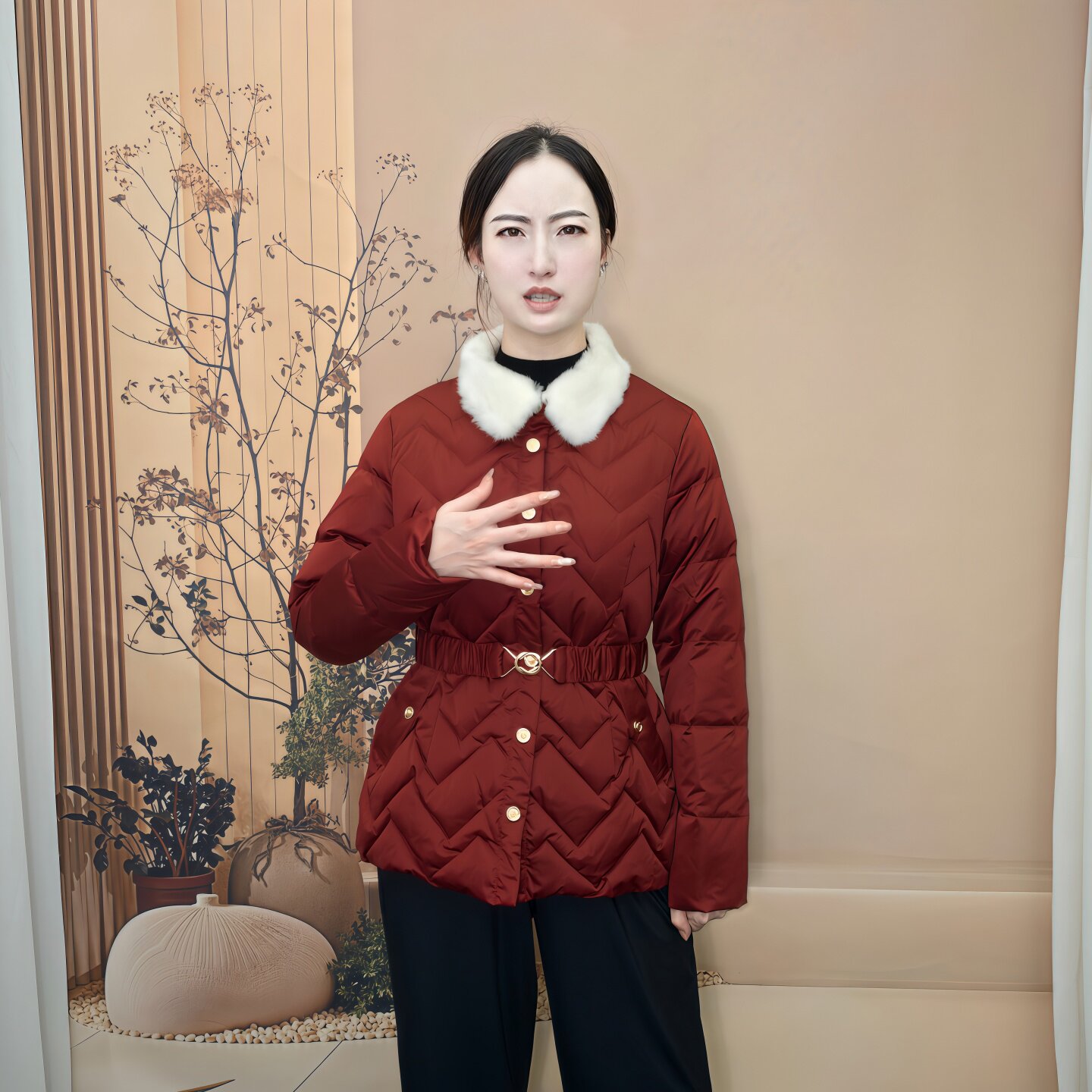 收腰显瘦修身羽绒服可拆腰带白鸭绒时尚名媛风水貂毛领款商场同步