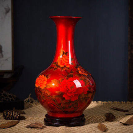 景德镇陶瓷器红牡丹花瓶水晶釉花开富贵花瓶客厅家居装饰品摆件