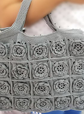 浅灰色40片编织花拼花包手工毛线钩针玩偶订制家居钩编针织成品包