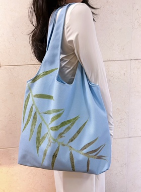 女包蓝色帆布包托特包帆布包叶子图案纯手工制作布包