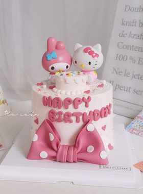 小女孩KT猫凯蒂猫儿童周岁生日蛋糕装饰摆件粉色蓝色hellokitty