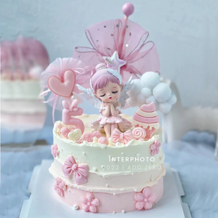 网红甜品台周岁生日蛋糕装 饰配件翅膀芭蕾女孩贝拉公主天使摆件