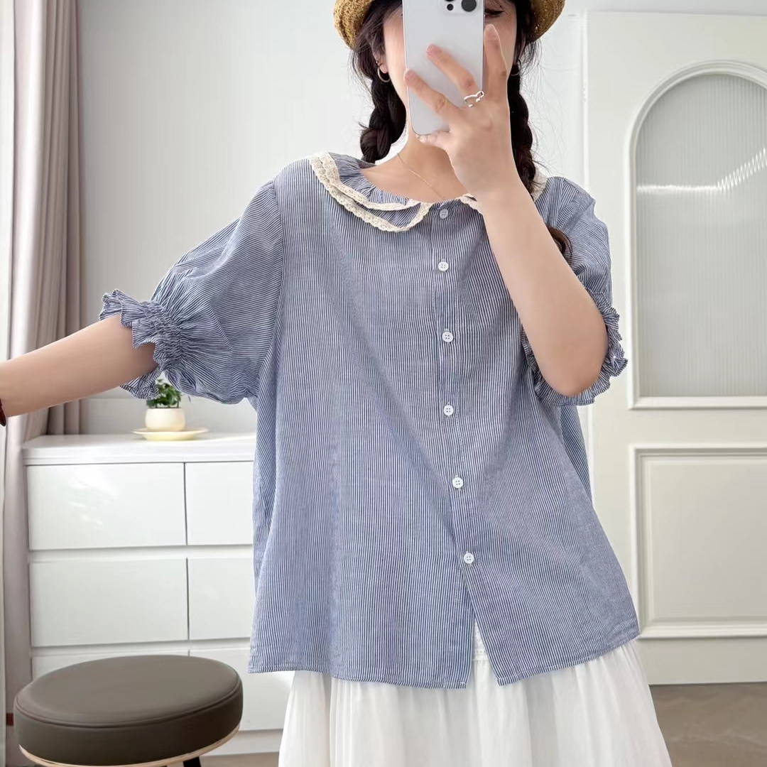 森系小清新双层蕾丝边娃娃领条纹短袖衬衫宽松减龄泡泡袖气质上衣