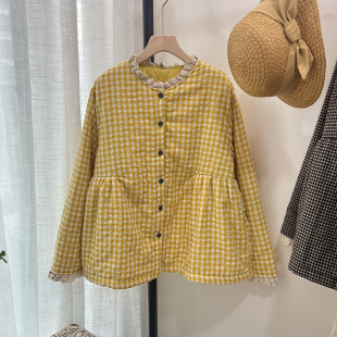 25秋冬森甜美花边领软糯格子加棉外套可爱娃娃款棉衣上衣衣漾正品