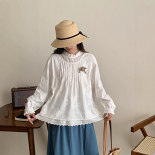 26早春新森系甜美假两件花边领长袖棉布刺绣衬衫小清新减龄小衫女