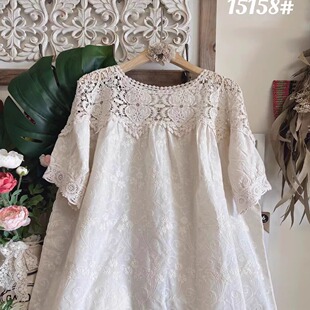 森系重工圆领拼蕾丝镂空立体刺绣花朵短袖宽松甜美减龄娃娃衫上衣