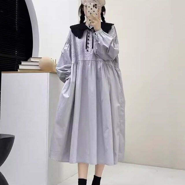 秋新可拆卸娃娃领风琴褶收腰长袖连衣裙宽松纯棉法式气质A字长裙