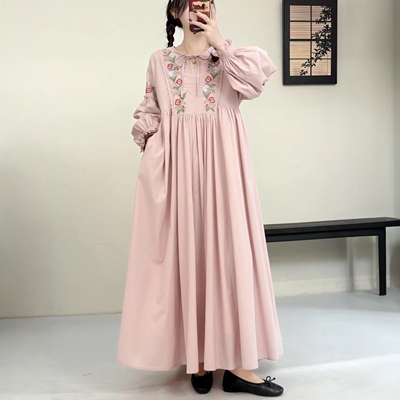 少女风花朵刺绣圆领系带连衣裙女