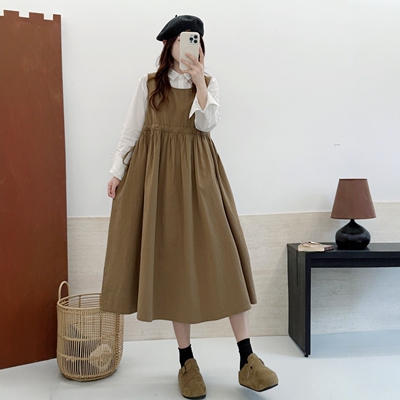 宽松文艺复古全棉纯色叠穿背心裙
