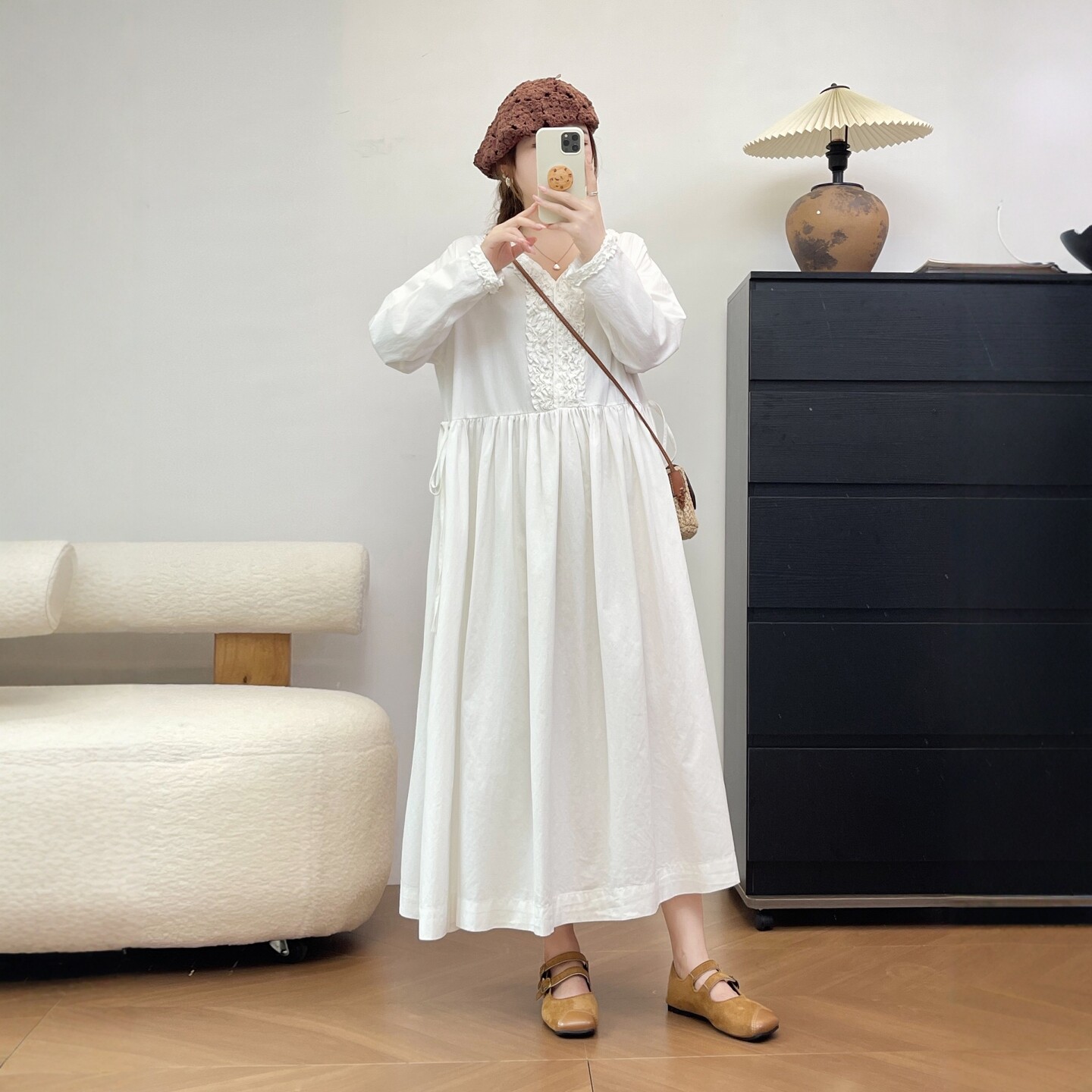 宽松少女风花边V领纯棉系带长裙