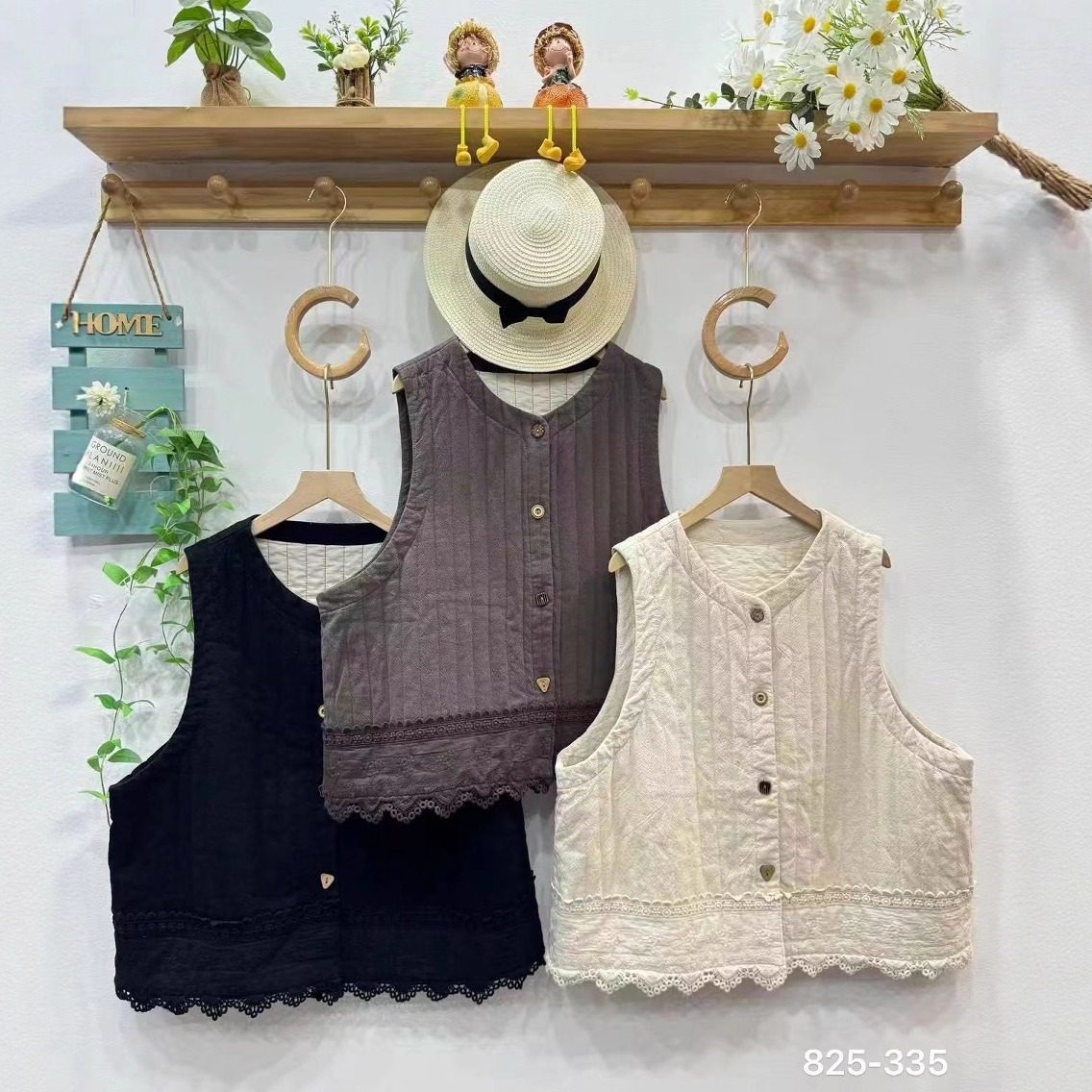 森系复古蕾丝下摆拼接叠穿百搭圆领马甲宽松简约加棉保暖外搭上衣