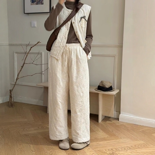 森系少女棉布刺绣菱形格夹棉宽松直筒棉裤软糯保暖秋冬显瘦长裤子