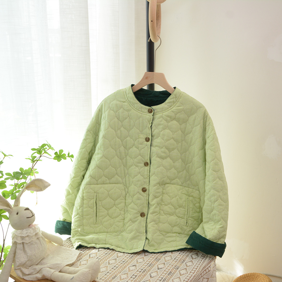 冬新小清新韩版宽松棉质格子软糯圆领两面穿夹棉棉衣外套棉袄女
