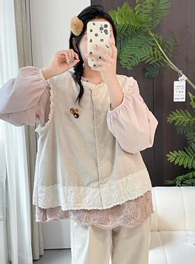 花边领袖口棉麻马甲绣布拼接下摆