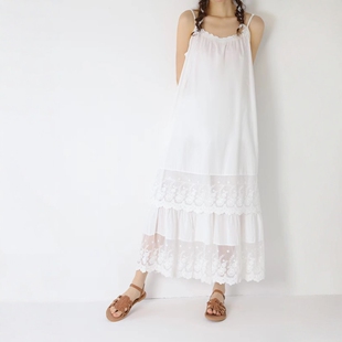 森系甜美清新打底纯棉薄款吊带裙宽松蕾丝花边拼接内搭叠穿连衣裙