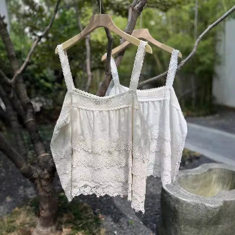 森系文艺钩花蕾丝花边刺绣棉质背心宽松清新减龄叠穿外搭吊带上衣