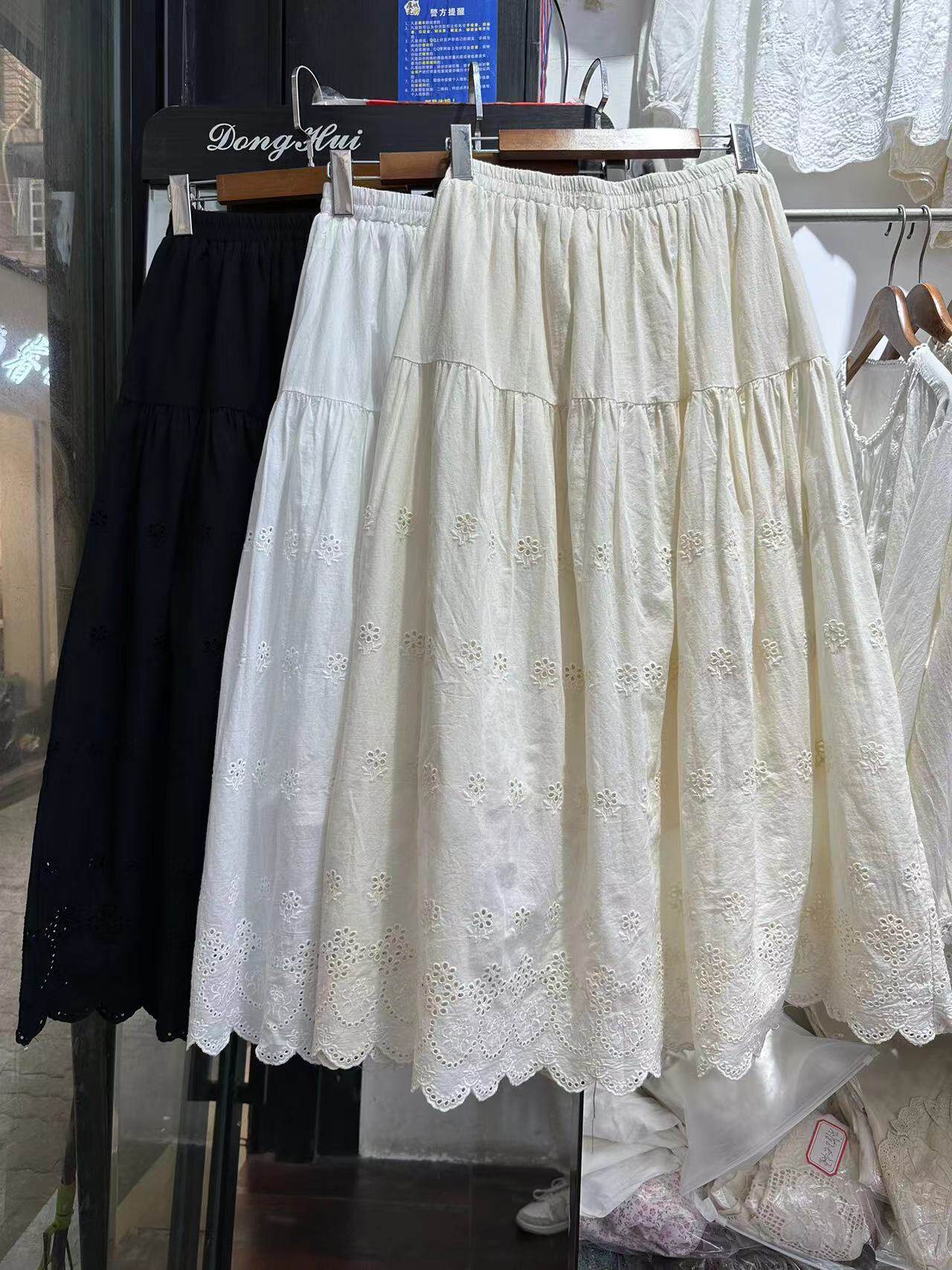 24春夏森女系纯棉布双层刺绣镂空松紧腰半身裙纯色百搭叠穿A字裙